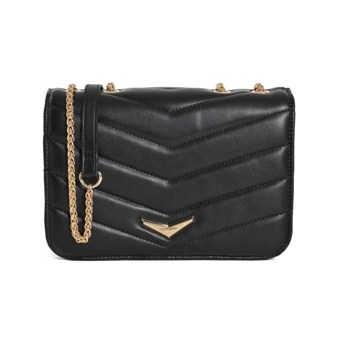 Bolsa feminina Via Marte preta crossbody metalassê vista frontal para dicas de uso